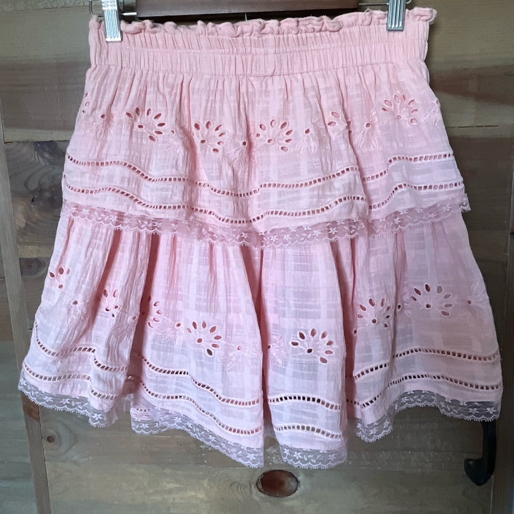 Blue Rain - Adorable Pink Eyelet & Lace Tiered Cotton Mini Skirt